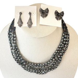 Marcasite Inspired Silver Tone Artisanal Multi Strand Necklace & 2 Pair Earrings